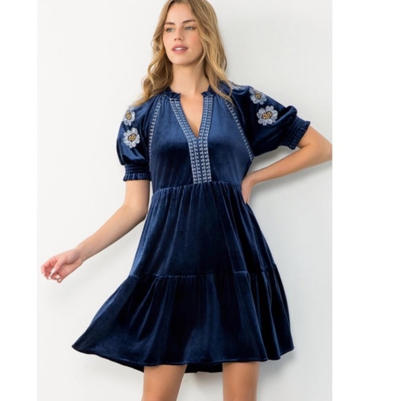 Anthropologie Dresses & Skirts - THML Anthropologie Milkmaid Dress Blue Velvet Floral Fairy-Goth Coquette Small